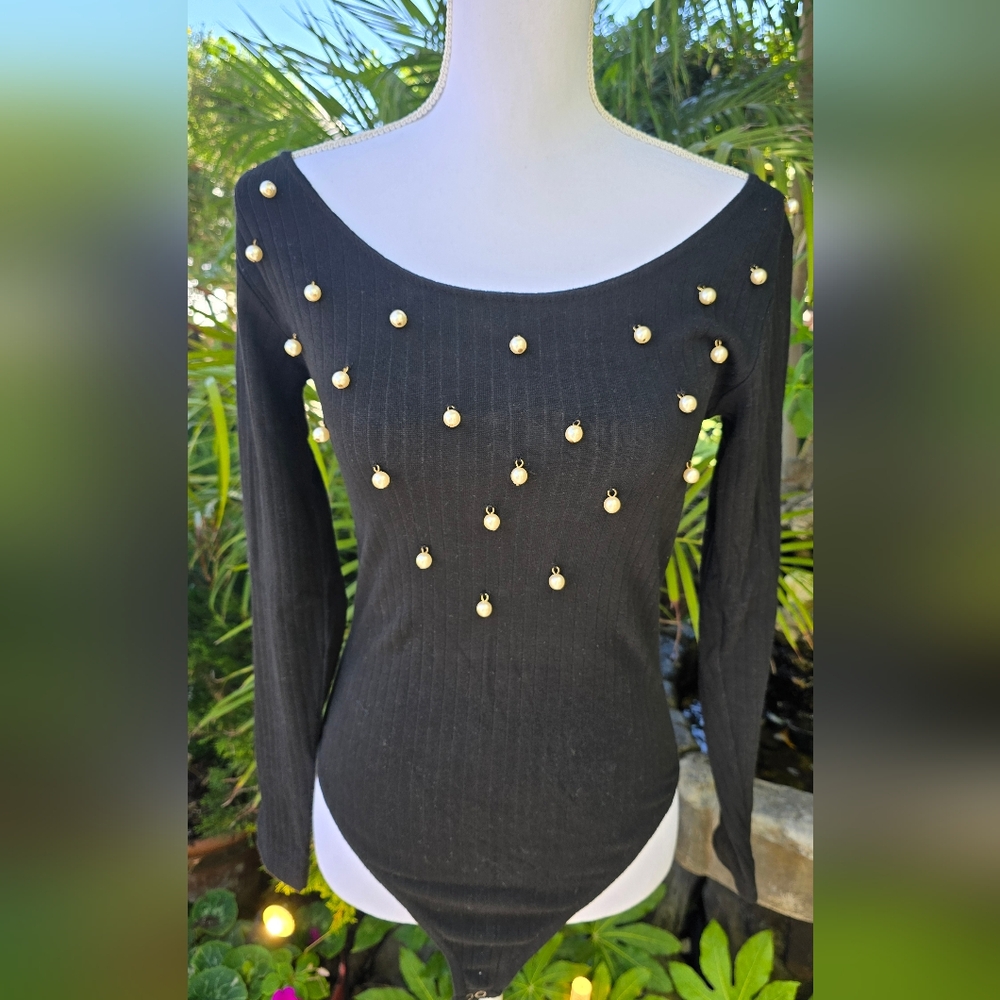 Vintage One Step UP Black Long Sleeve Top Bodysuit with Pearl Accents Size Med